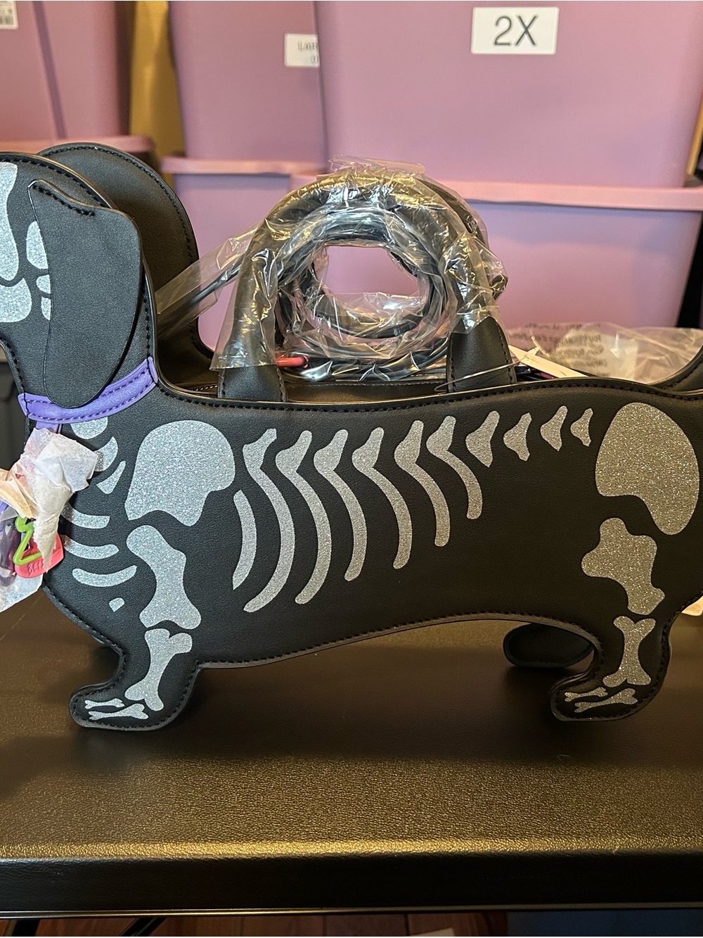 Betsey Johnson Black Crossbody Dachshund Skeleton Bag with Silver Accents